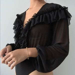 Zara Plunging Frilled Black Blouse Bodysuit